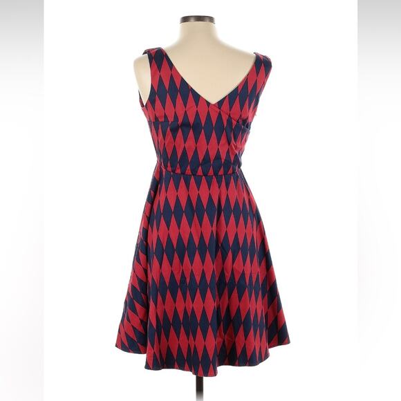 Ixia made in USA harlequin patterned red and blue diamond fit and flare dress, L - Picture 1 of 7